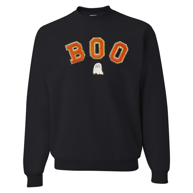 Boo Letter Patch Crewneck Sweatshirt- Orange Patches- Curved with Ghost