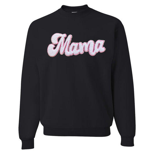 White with Silver Mama Script Letter Patch Crewneck Sweatshirt
