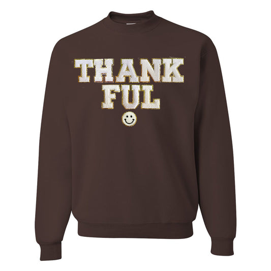 Thankful Letter Patch Crewneck Sweatshirt- Stacked With Smiley
