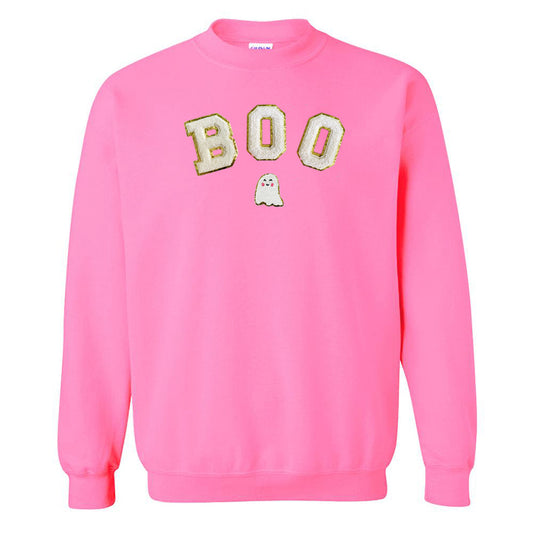 Boo Letter Patch Crewneck Sweatshirt- White Patches - Curved with Ghost