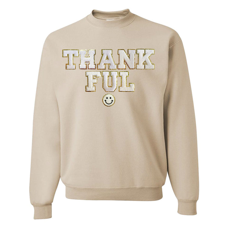 Thankful Letter Patch Crewneck Sweatshirt- Stacked With Smiley