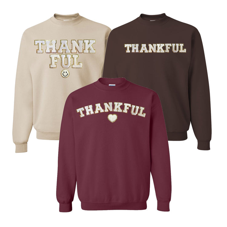 Thankful Letter Patch Crewneck Sweatshirt- Stacked With Heart