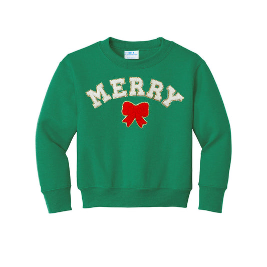 Kids White Merry Letter Patch Crewneck Sweatshirt